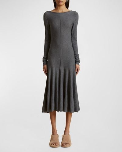Khaite Dany V-Back Wool Midi Dress - Black