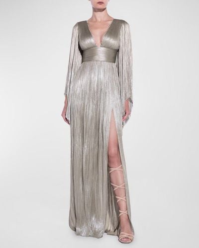 Maria Lucia Hohan Harlow Plunging Long-Sleeve Backless Slit Plisse Gown - Gray