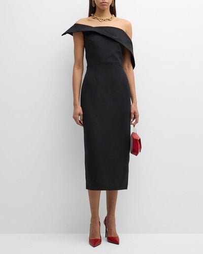 Roland Mouret Asymmetric Off-The-Shoulder Wool-Silk Midi Dress - Black