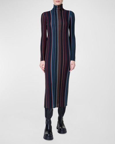 Akris Striped Turtleneck Knit Midi Tube Dress - Blue
