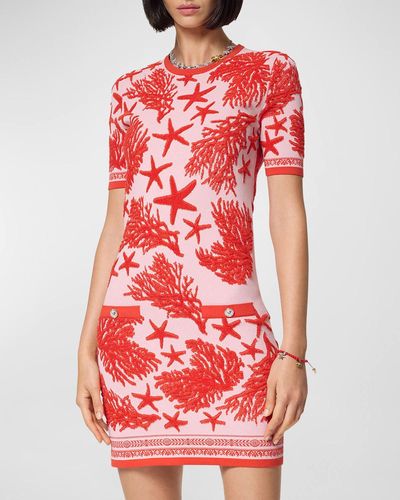 Versace Tresor De La Mer Towel Stitch Jacquard Short-Sleeve Mini Dress - Red