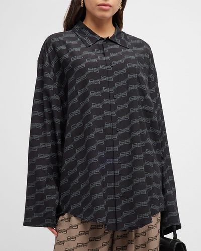 Balenciaga Bb Logo Long-sleeve Minimal Collared Silk Shirt - Black