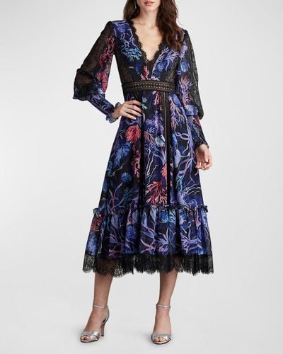 Tadashi Shoji Coral-Print Lace-Trim Bishop-Sleeve Midi Dress - Blue