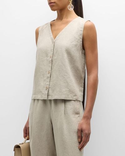 Eileen Fisher V-Neck Button-Down Organic Linen Vest - Natural