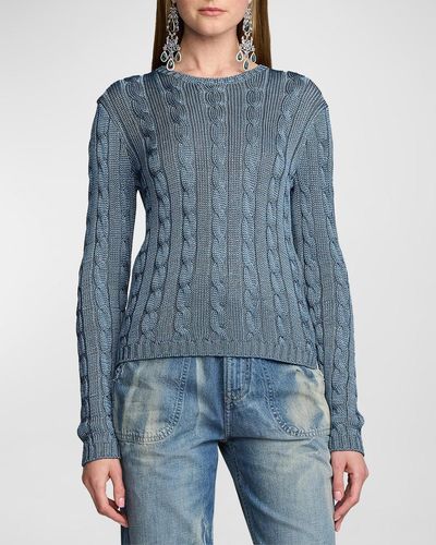 Ralph Lauren Collection Cable-Knit Silk Crewneck Sweater - Blue
