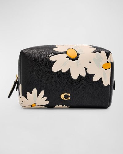 COACH Floral-Print Leather Cosmetic Pouch Bag - Black