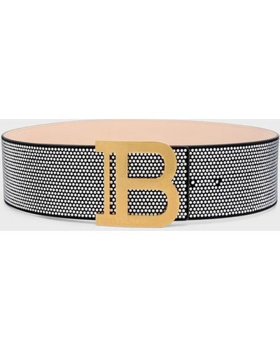 Balmain B-Logo Wide Crystal Dot Leather Belt - Gray