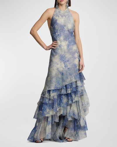 Ralph Lauren Collection Lauraine Floral-Print Ruffle Backless Halter Gown - Blue