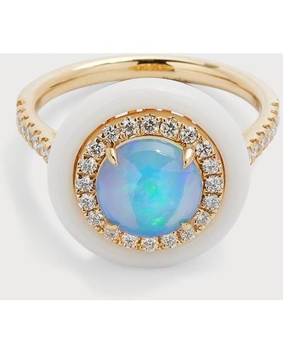 David Kord 18k Yellow Gold Ring With Round Opal, Diamonds And White Frame, 0.99tcw, Size 7 - Blue