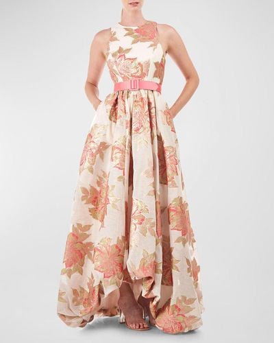 Kay Unger Sleeveless Floral Jacquard Bubble Halter Gown - Pink
