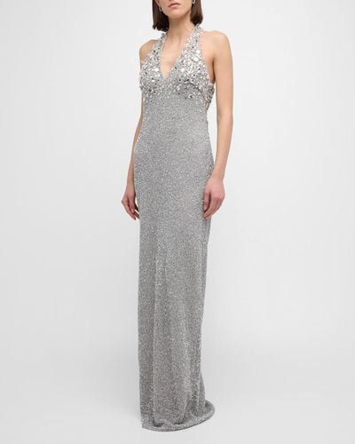 Pamella Roland Beaded Halter Gown With Crystal Embellishment - White