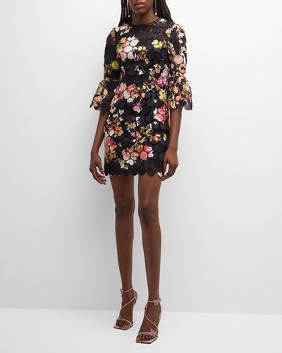 Monique Lhuillier Floral-Print Circle Lace Bell-Sleeve Mini Dress - Multicolor