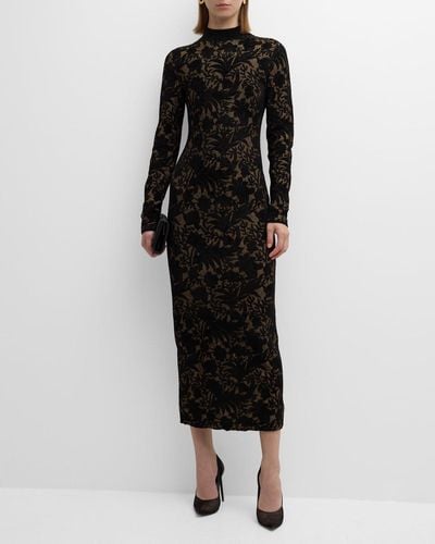 Lela Rose Floral Jacquard Knit Mock-Neck Long-Sleeve Midi Dress - Black