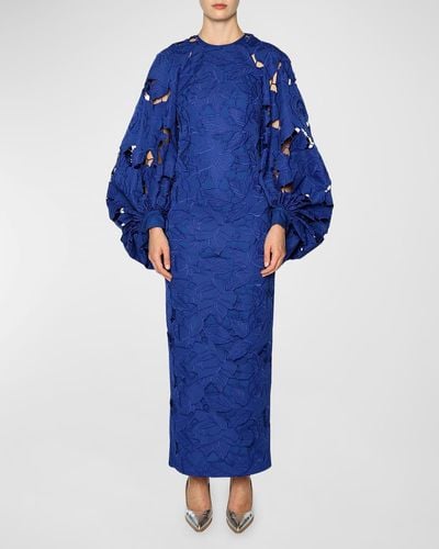 Huishan Zhang Aire Balloon-Sleeve Lace Column Gown - Blue