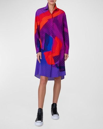 Akris Superimposition-Print Oversized Wool-Silk Voile Shirtdress - Red
