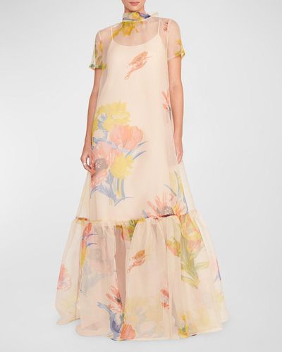 STAUD Calluna High-Neck Floral Organza Gown - Natural