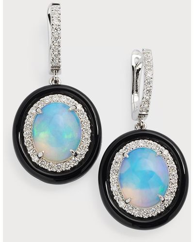 David Kord 18k White Gold Earrings With Opal Ovals, Diamonds And Black Frame, 3.55tcw - Blue