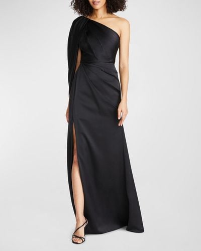 THEIA Tori Pleated One-Shoulder Draped Gown - Black