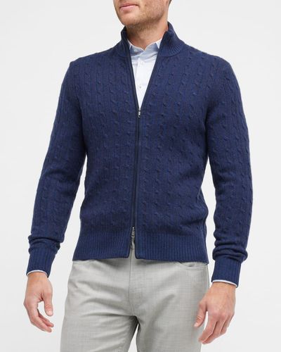 Neiman Marcus Cable-Knit Cashmere Full-Zip Sweater - Blue