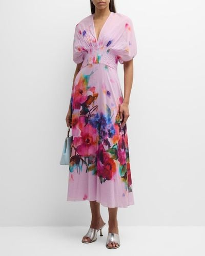 Lela Rose Isabel Watercolor Floral-Print Short-Sleeve Pleated-Waist Midi Dress - Pink