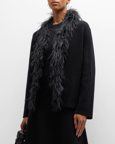 Neiman Marcus Cashmere Double-Knit Top Coat With Feather Trim - Black
