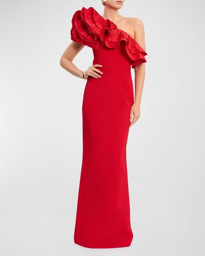Rebecca Vallance Chiara One-Shoulder Ruffle Crepe Column Gown - Red