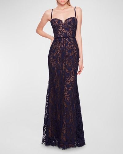 Marchesa Sleeveless Floral Lace Sweetheart Gown - Purple