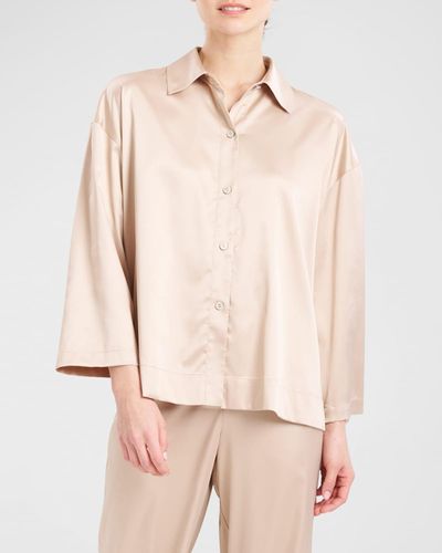 Natori Glamour Satin Button-Down Shirt - Natural