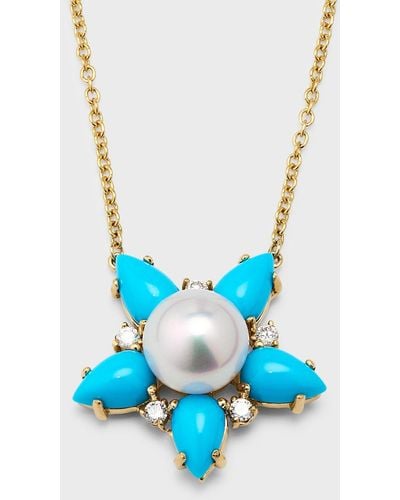 Pearls By Shari 18k Yellow Gold Akoya Pearl, Diamond And Pear Shape Turquoise Necklace, 18"l - Blue