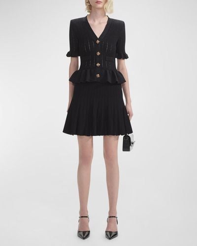 Self-Portrait Knit Peplum Short-Sleeve Mini Dress - Black