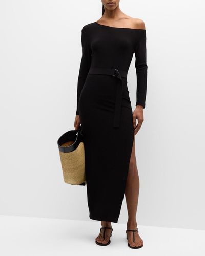 Norma Kamali 3/4 Sleeve Drop-Shoulder Side-Slit Gown - Black