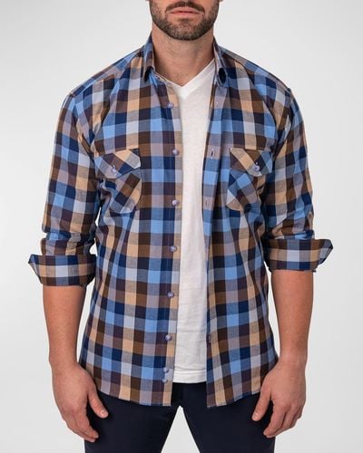 Maceoo Embroidered Flannel Sport Shirt - Blue