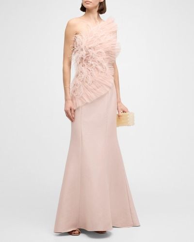 Badgley Mischka Strapless Feather-Embellished Ruffle Gown - Pink