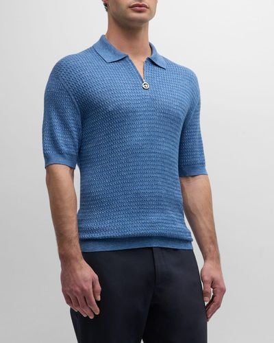 Stefano Ricci Cable Knit Short-Sleeve Polo Sweater - Blue