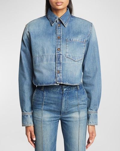 Victoria Beckham Strong-shoulder Denim Crop Collared Shirt - Blue