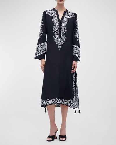 Figue Paola Embroidered Border Slits-Hem Midi Kaftan Dress - Blue