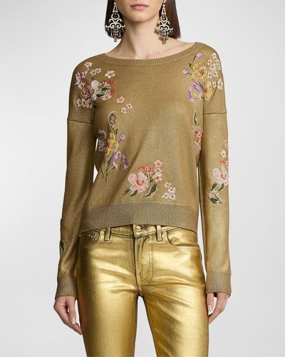 Ralph Lauren Collection Embellished Foiled Silk Crewneck Sweater - Yellow