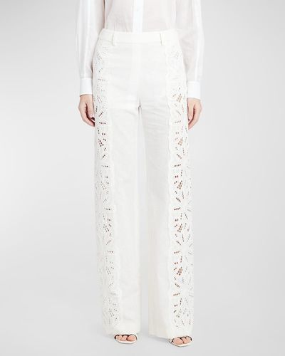 Alberta Ferretti High-Rise Eyelet Embroidered Straight-Leg Pants - White