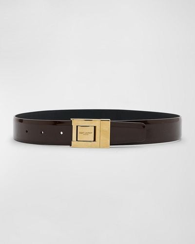 Saint Laurent Patent Leather Belt With Golden Hardware - Gray