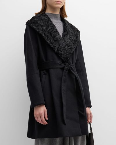 Sofia Cashmere Cashmere Belted Wrap Coat With Curly Shearling Collar - Black