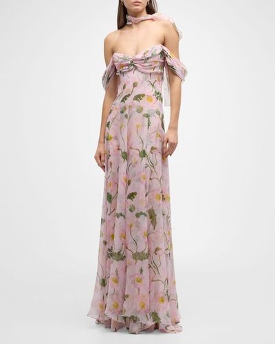 Oscar de la Renta Sweetheart Strapless Painted Poppies-Print Neck-Scarf Gown - Pink
