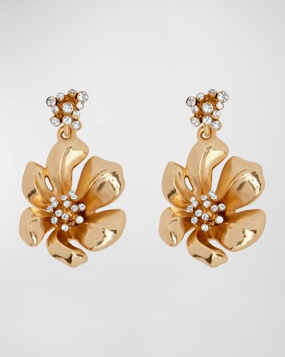 Oscar de la Renta Flower Drop Earrings With Crystals - Metallic