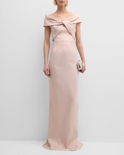 Teri Jon Jacquard Off-Shoulder Twist Gown - Pink