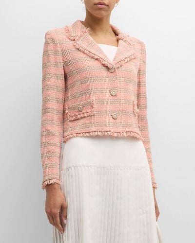 Misook Tweed Fringe-trim Cropped Jacket - Pink