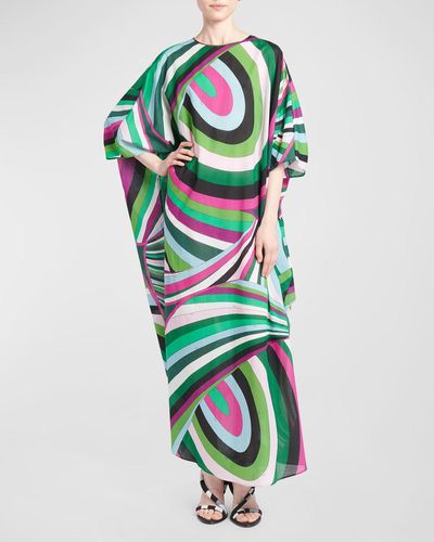 Emilio Pucci Abstract-Print 3/4-Sleeve Maxi Kaftan Dress - White