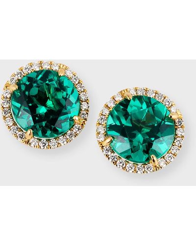 Frederic Sage 18k Yellow Gold Round Lab Grown Emerald Earrings With Diamond Halos - Green