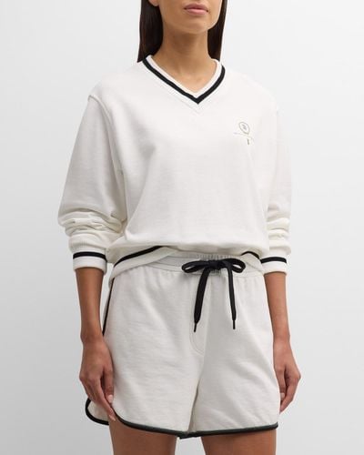 Brunello Cucinelli Tennis Logo Embroidered V-neck Long-sleeve Cotton Sweatshirt - White