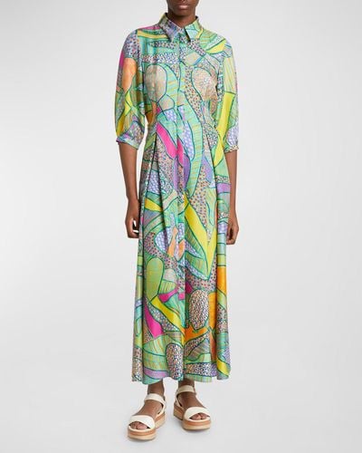 Gabriela Hearst Andy Abstract-Print 3/4-Sleeve Belted Silk Maxi Shirtdress - Green