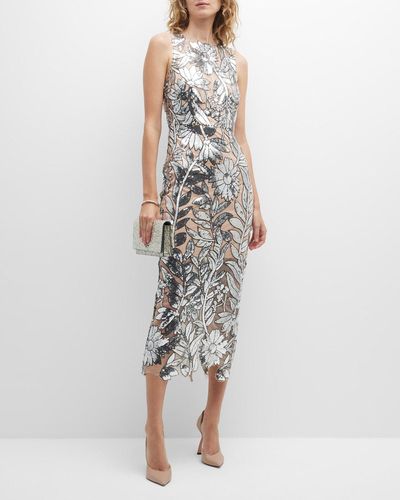 MILLY Kinsley Floral Sequin Lace Midi Dress - Metallic