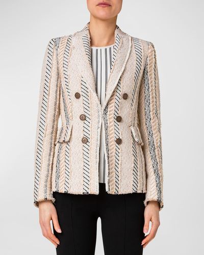 Akris Punto Fringed Patchwork Tweed Blazer Jacket - Natural